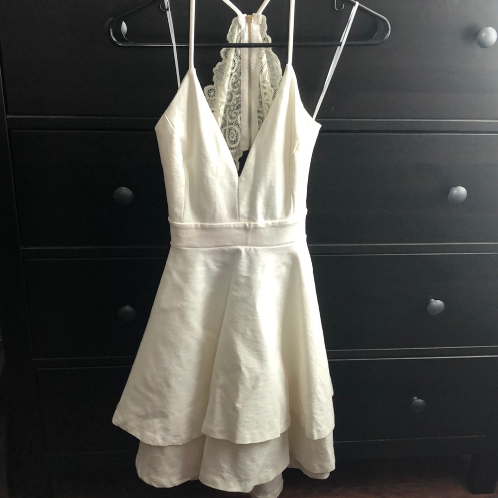 White lace open back skater dress